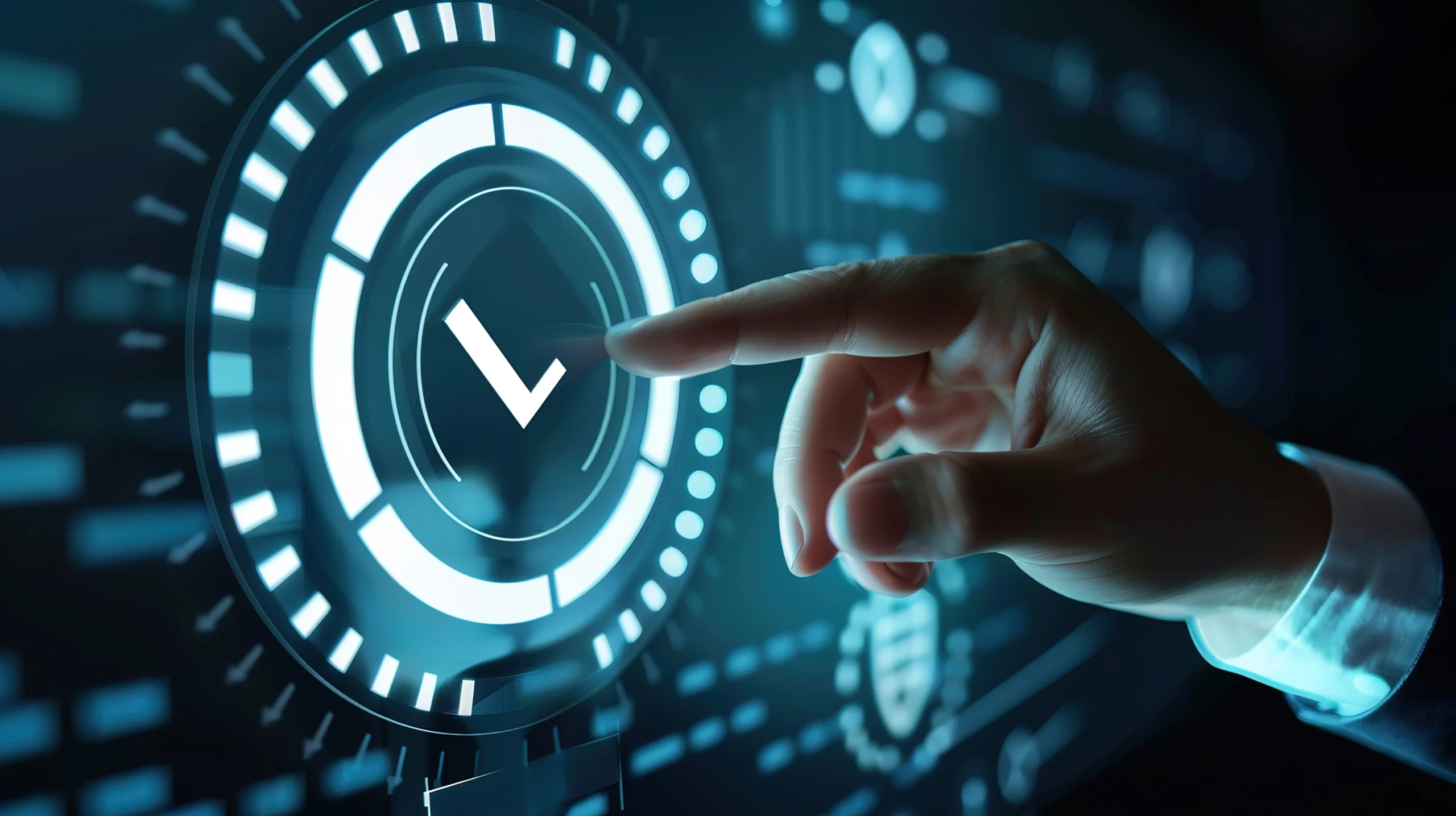 futuristic touch interface with glowing checkmark: digital approval and task completion concept