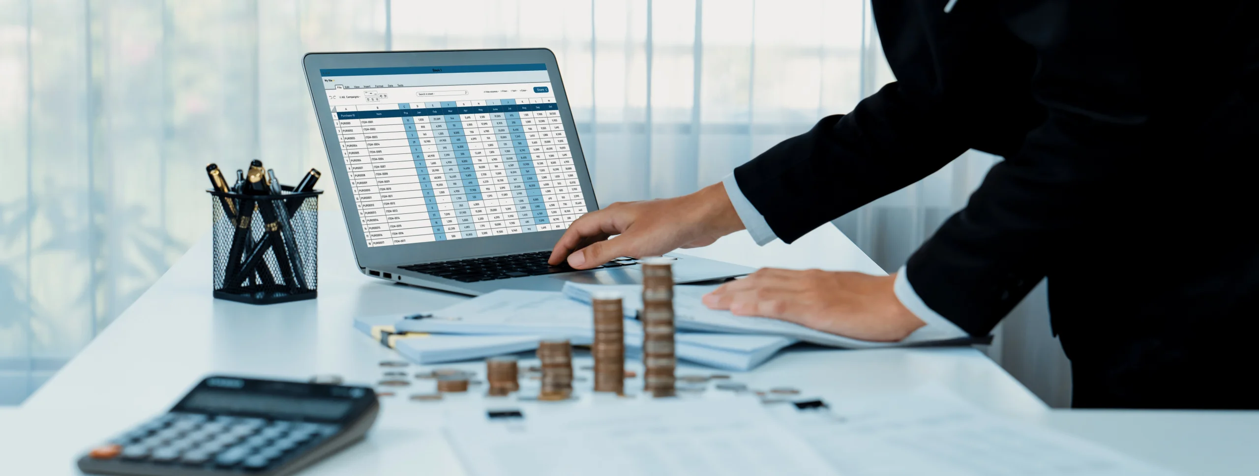 corporate accountant and business investment stack coin. shrewd