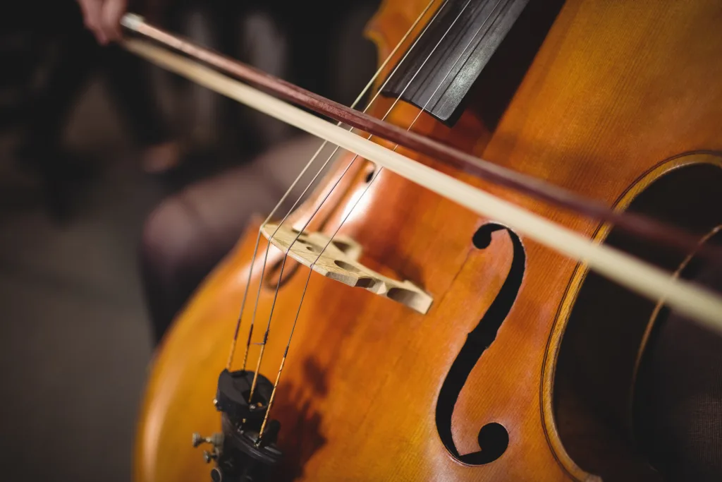 mid section of female student playing double bass in a studio
